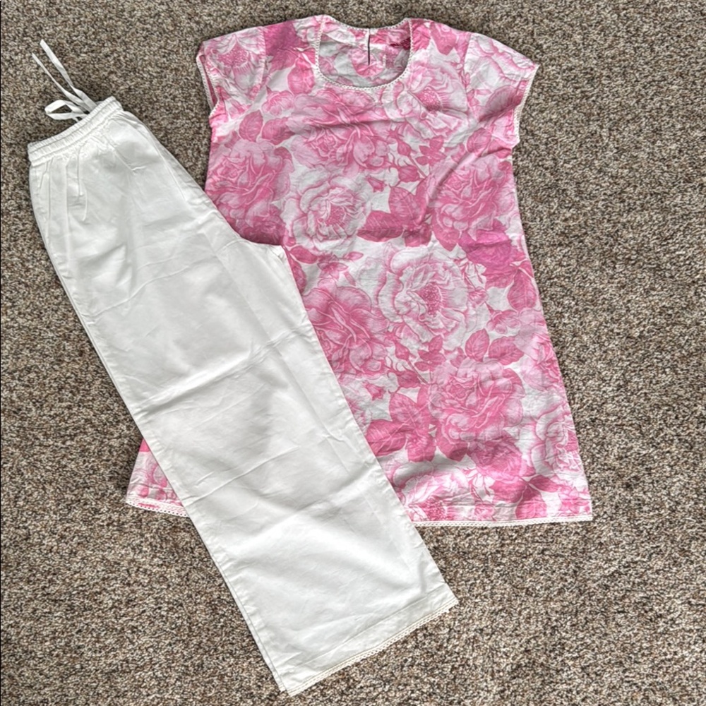 Biba girls cotton kurta palazzo set girls size 12-13 pink and white floral NEW